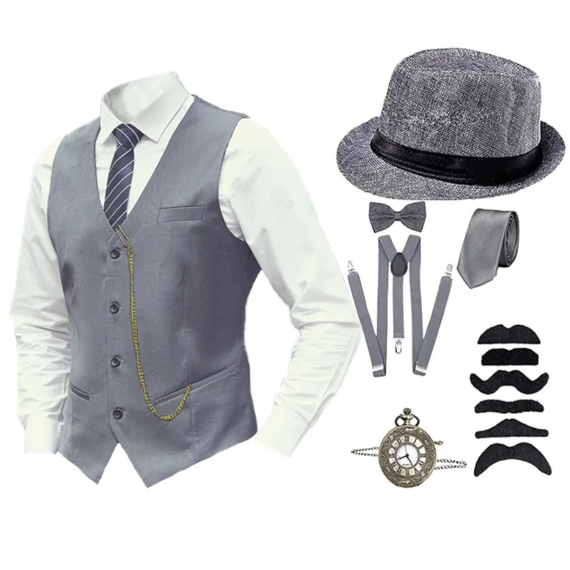 Herenpakken slanke pasvorm, pakken voor mannen, knopen massief jas vintage vest met stropdas, mannen pakken prom props hoed set 8 stcs plus size