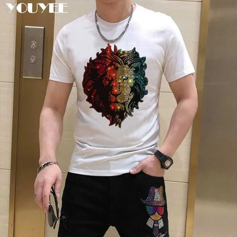 Camisetas masculinas Novo design masculino tshirt colorido tigre cabeça quente diamante quente manga curta tendência de verão slim casual machado camisetas camisetas 5x z0221