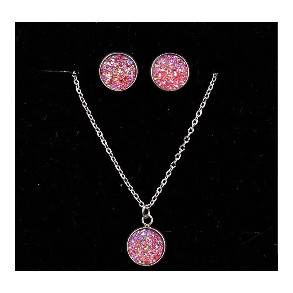 Boucles D'oreilles Collier De Mode Druzy Drusy 12Mm En Acier Inoxydable Rond Résine Ensemble De Bijoux Drop Delivery Sets Dhd9Z