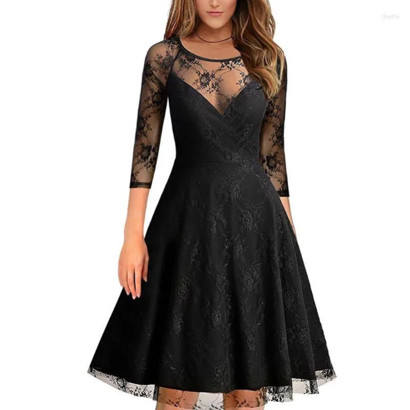 Party Dresses Retro Net Yarn Embroidery Patchwork Vestidos 1950"s High Waist O Collar A-Line Pinup Business Women Flare Dress Slim