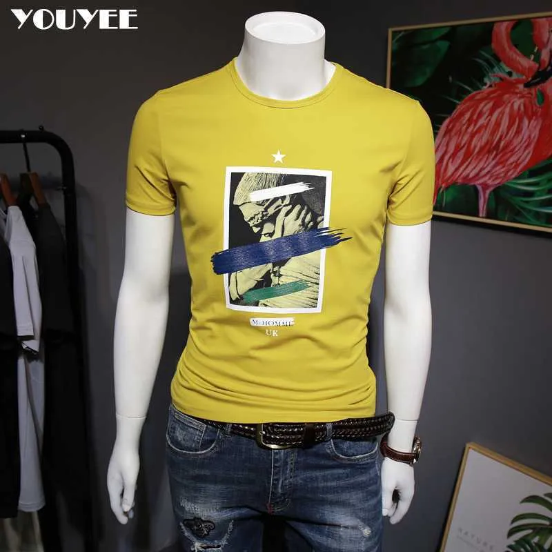 Mäns T-shirts Men's Yellow Short Sleeve Tshirt 2021 Summer New Printed Cotton Slim Highquality Bekväm trend Half Sleeve Male Top Z0221