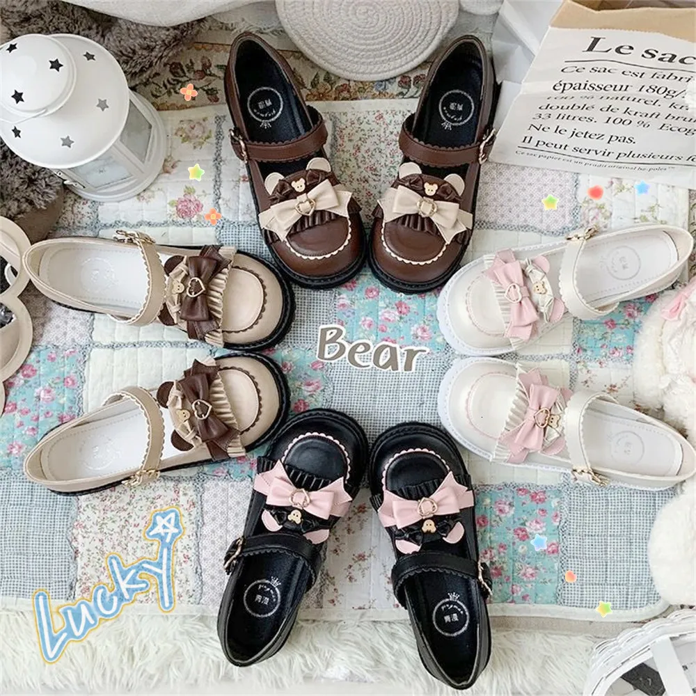 Dress Shoes Kawaii Bowknot Bear Lolita Japanese JK Uniform Retro British College Style Female Student Lovely Round Toe 230220