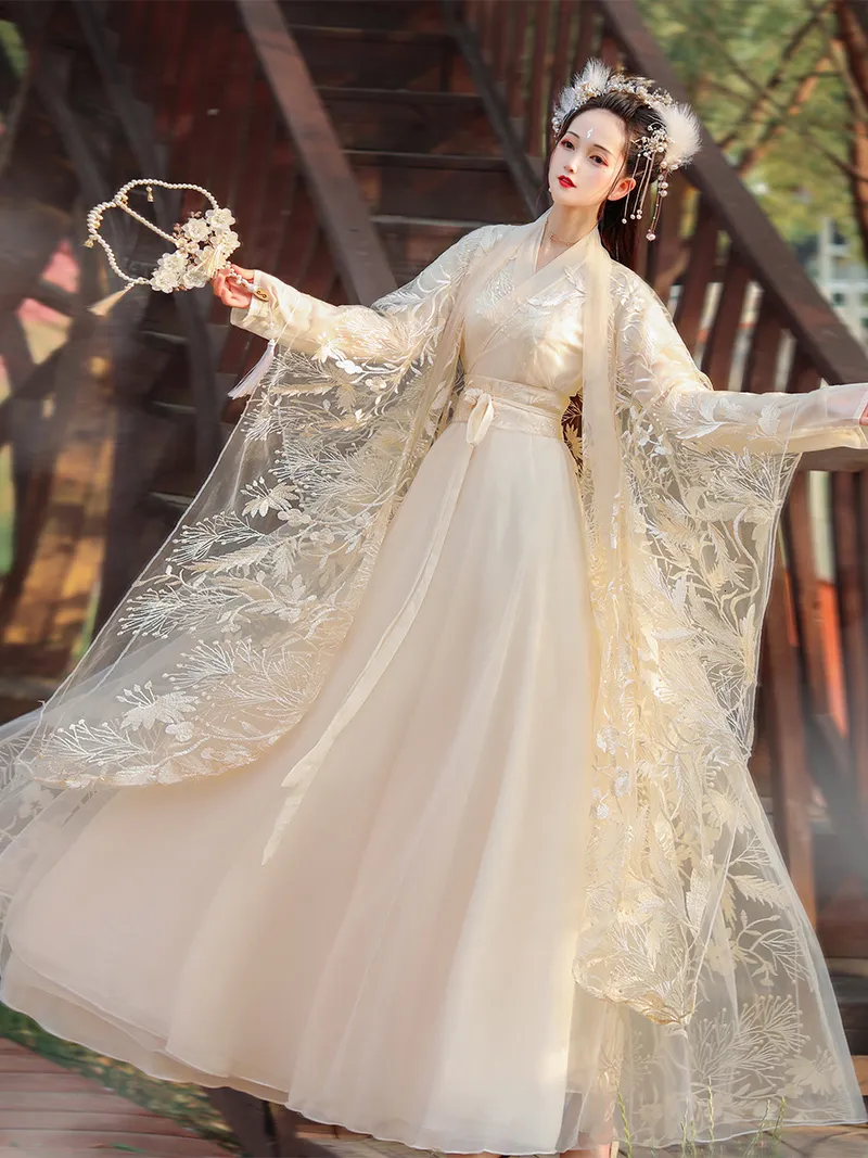 Ethnische Kleidung Spitze Stickerei Hanfu Weibliche Kostüm Sommer Atmungsaktive Fee Chinesischen Stil Kleid National Dance Chorus Leistung Cosplay 230221