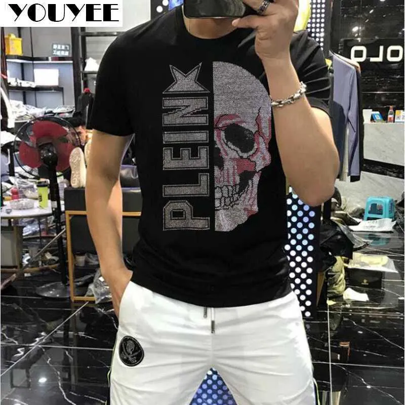Men's T-Shirts Men's Skull Diamond Short Sleeved Korean Fashion Handsome Tees Leisure Cotton Heavy Process HipHop Streewear Clothes Summer 5xl Z0221