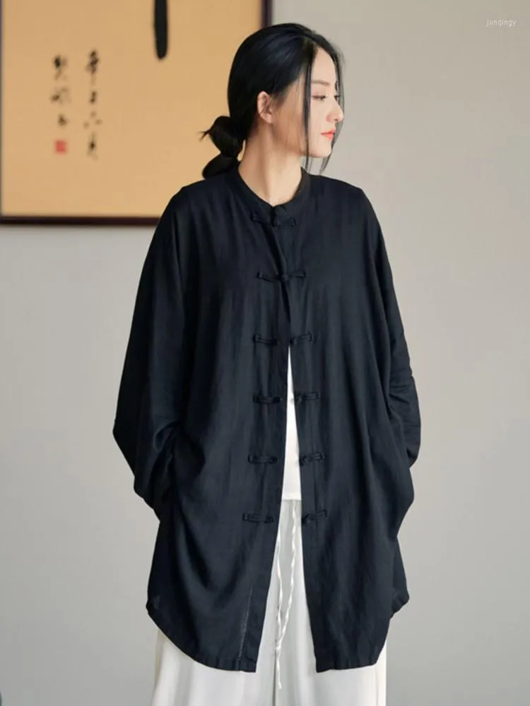 Damskie bluzki damskie vintage luźna koszula chiński styl bluzki staj się guziki z długim rękawem stała kolorowa bluzka 2023 Autumn Oryginalna pościel