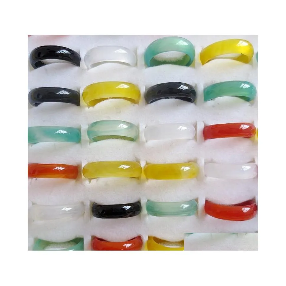 Band Rings 6Mm Wide Pink Green Red Glass Crystal Agate Jade Ring Jewelry Finger For Women Me Baby Drop Delivery Dhl03