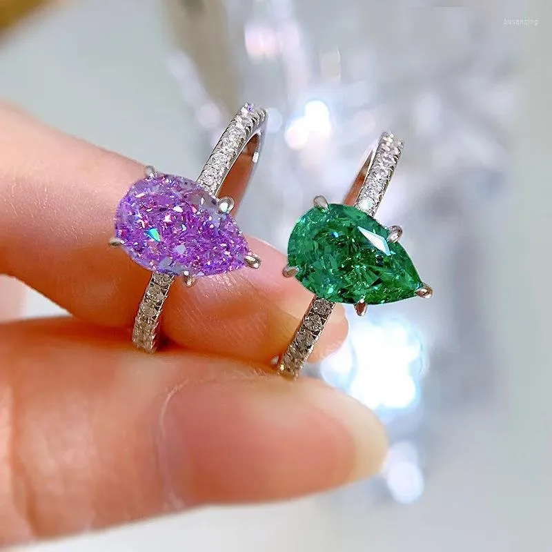 Anéis de casamento Europa anel de estilo americano 925 prata esterlina cenário de alto carbono 6 9 9 em forma de pera Green Purple criou Diamond Women Lady