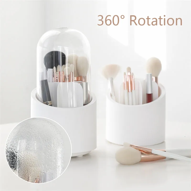 Storage Boxes Bins Multifunction 360° Rotating Pen Holder Pencil Makeup Brush Bucket Dustproof Cosmetic Box Compartment Desktop Organizer 230221