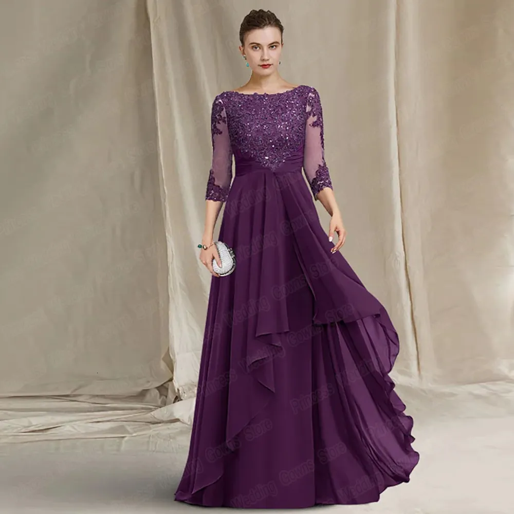 Casual Dresses Long Wedding Guest Party Dress for Woman Appliue Floor Lengh Chiffon Formal Mother of the Bride Gown Plus Size A Line 34 Sleeve 230221