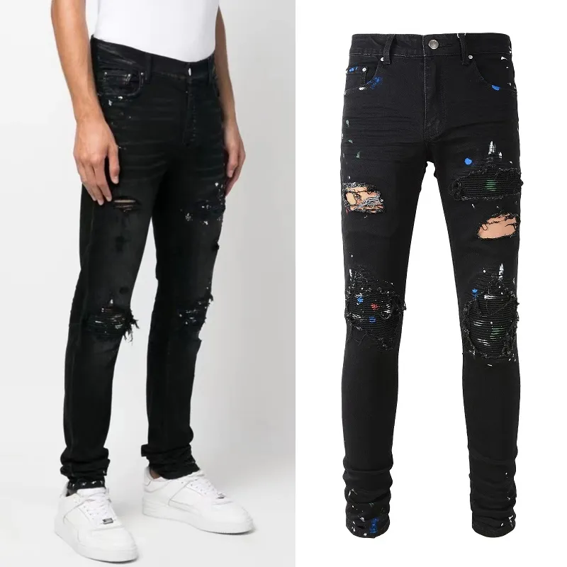 Geschilderde denim jeans verontruste rip vintage zwart stretch katoen slank fit poot broek voor mannen