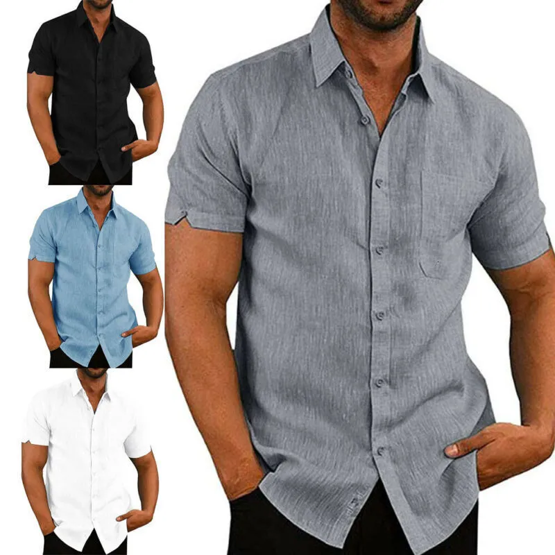 Camisas casuales para hombres Hirigin Blusa de lino para hombre Manga corta Botón holgado Verano Sólido Cómodo Algodón Lino Casual Camisas de vacaciones sueltas Tee Tops 230220