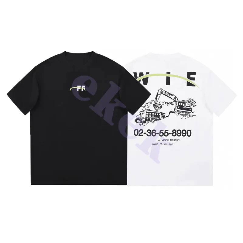 Camiseta de marca de moda para hombre, camiseta holgada de verano con cuello redondo y manga corta con estampado de letras y dibujo de excavadora, Top negro y blanco
