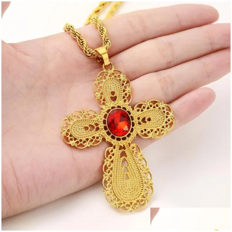 Charms Ethiopian Cross Pendant Twisted Chain For Women/Men African Birthday Party Gold Color Eritrea Jewelry Crosses Drop Deli Dhogn