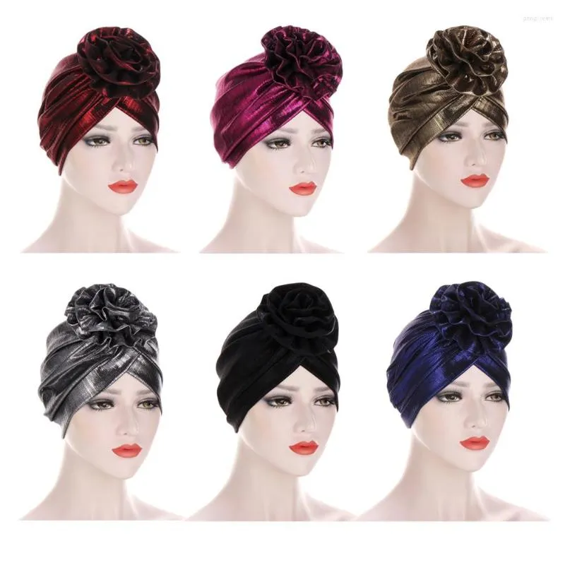 Ethnic Clothing Turban Women Big Flower Hijab Bonnet Glitter Headscarf Muslim Headwear Chemo Cancer Cap Pleated Scarf Wrap Hat