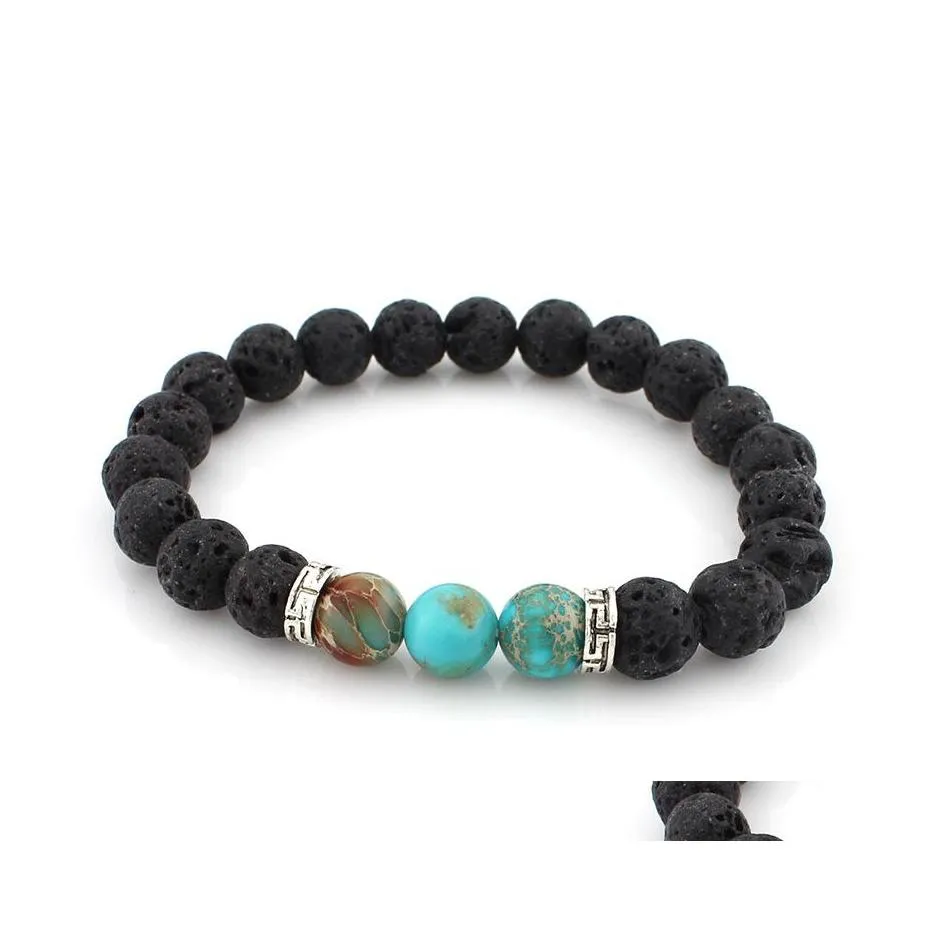 Braccialetti con ciondoli Moda Naturale Nero Pietra lavica Turchese Bracciale Aromaterapia Diffusore di oli essenziali per donne Uomini Consegna a goccia J Dh6He