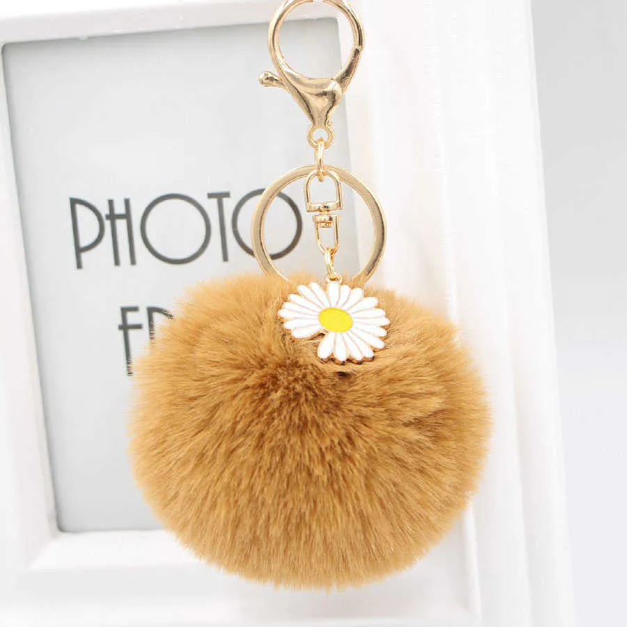 Key Rings Small Daisy Fur Ball Keychain Pendant Ladies Fashion Bag Plush Wallet Car Sun Flower Pendant Key Chain Accessories J230222