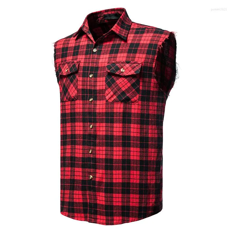 Casual shirts voor heren heren westers mouwloos flanel plaid vest button down shirt mannen Harajuku streetwear man xxl