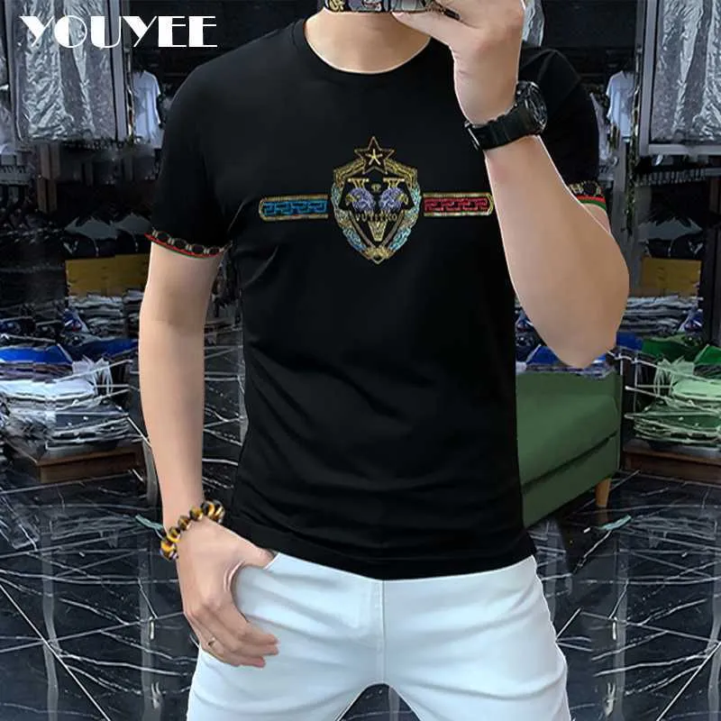 Men's T-Shirts Eagle Letter Tshirt Men's 2022 Summer New Designer Fashion Personality Hot Diamondslim Fitting Male Tees Threaded Cuffs Clothes Z0221