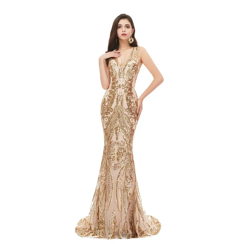 Gorgeous Lace Sequined Prom Dresses Sexy Gold Appliques Mermaid V Neck Evening Gowns Backless Vestidos de fiesta Women Party wears BM3304