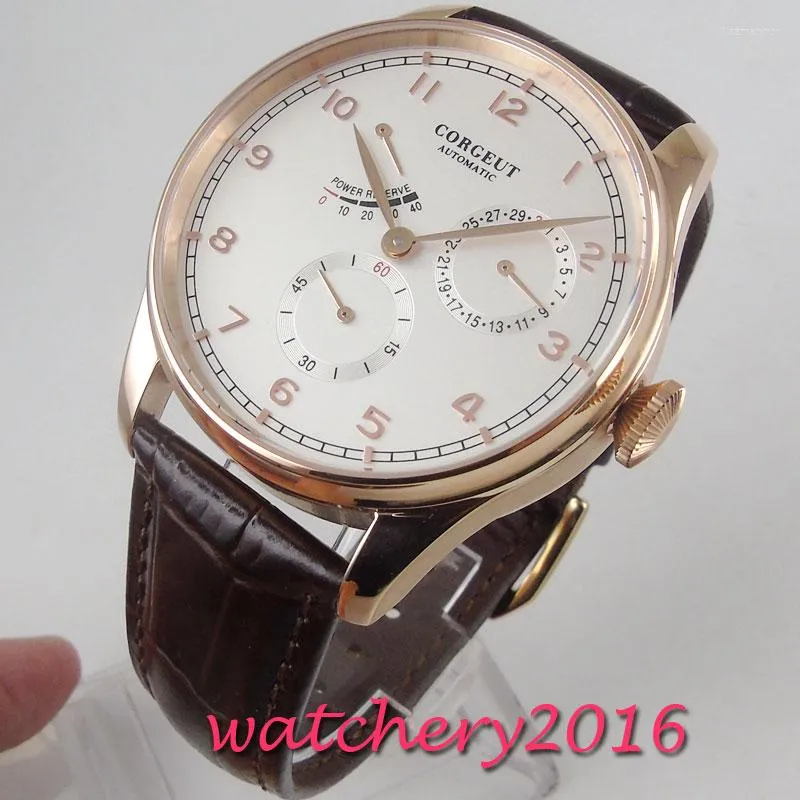 Wristwatches 42mm White Dial Rose Golden Plated Power Reserve Date Leather 1780 Automatic Movement Mens Watch