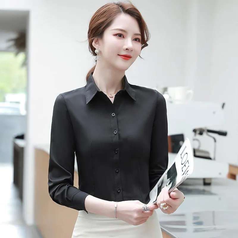 Women's Blouses & Shirts Simple Solid Office Lady Blouse Long Sleeve Women Autumn Spring 2023 Black White Shirt Single Breasted Female Cloth