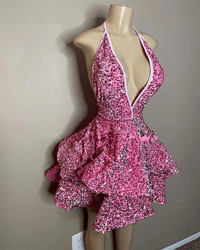 Vestidos de baile curtos de lantejoulas de veludo rosa Mini -ocasi￣o de festas de anivers￡rio de festas de anivers￡rio de festas de anivers￡rio