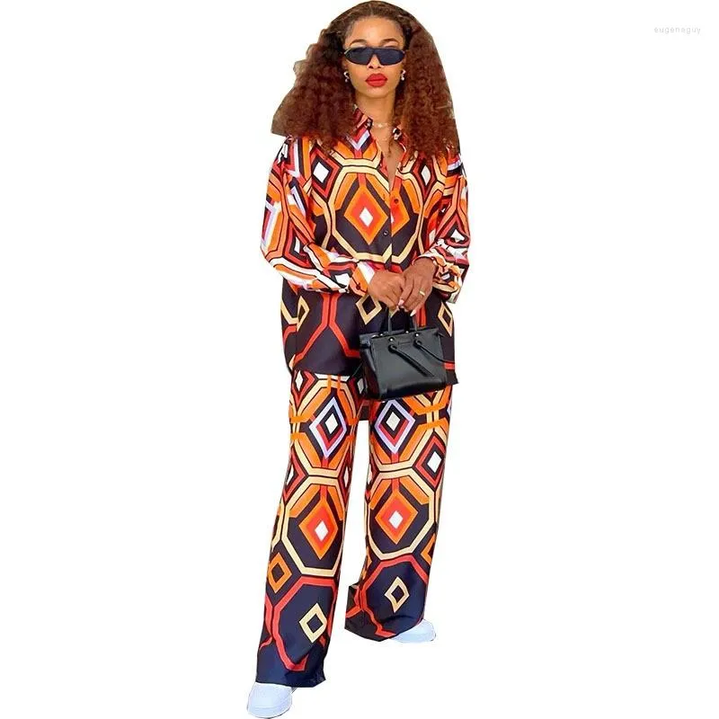 Women's Two Piece Pants African Suit Clothes For Women 2 Outifts Dashiki Button Long Sleeve Shirt Loose Straight Casual Spring 2XL