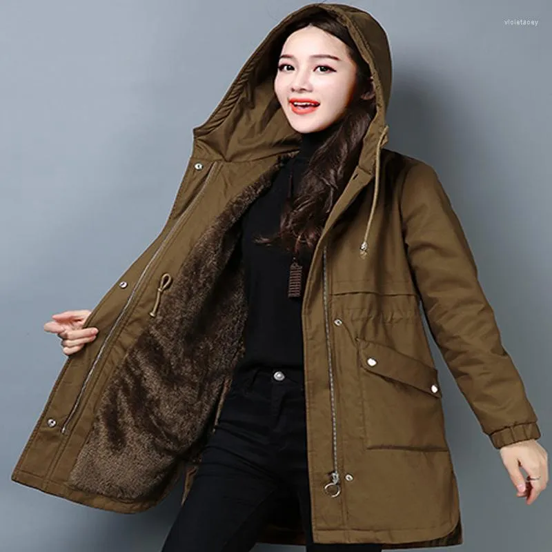 Damen-Trenchmäntel 2023 Winter verdicken Plus Samtjacke Frauen warme Parkas lose Baumwolle mit Kapuze Mantel feste beiläufige Größe 4XL Damen lang