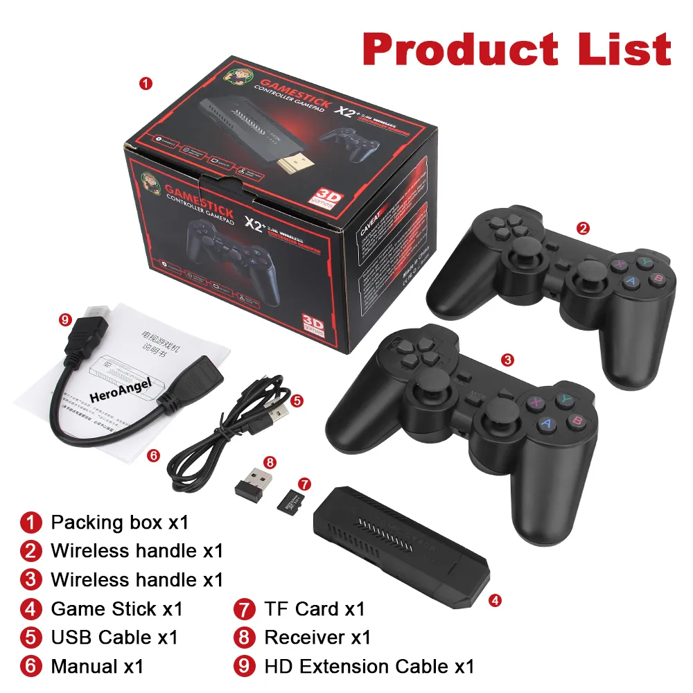 X2 Plus Gamestick 3D Retro Video Game Console 2.4G Wireless Controllers HD 4.3 System 40000 Games 40 Emulators for SEGA/PSP/PS1