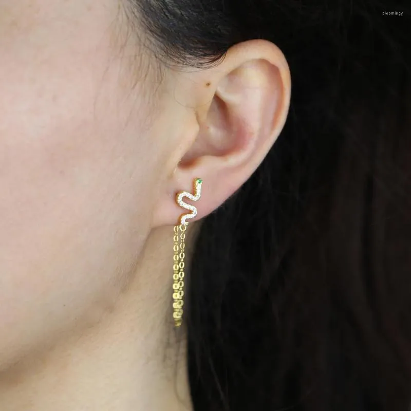 Boucles d'oreilles à tige en argent Sterling 925 serpent vert Cz oeil pour femmes couleur or Animal pompon chaîne boucle d'oreille Piercing