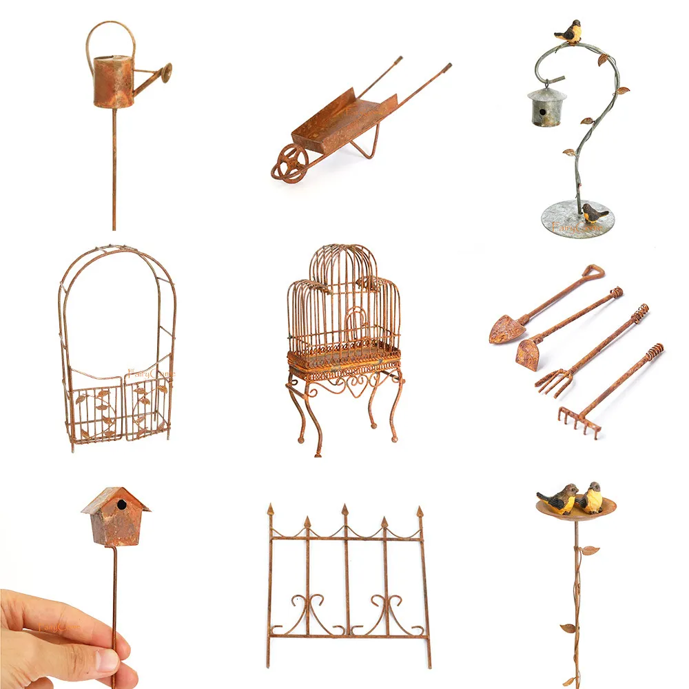 Objets décoratifs Miniature Métal Fée Jardin Accessoires Ornements Rouillés Décoration Vintage Mini Arche Porte Cage À Oiseaux Maison À Oiseaux Choisissez Clôture Lampe 230221