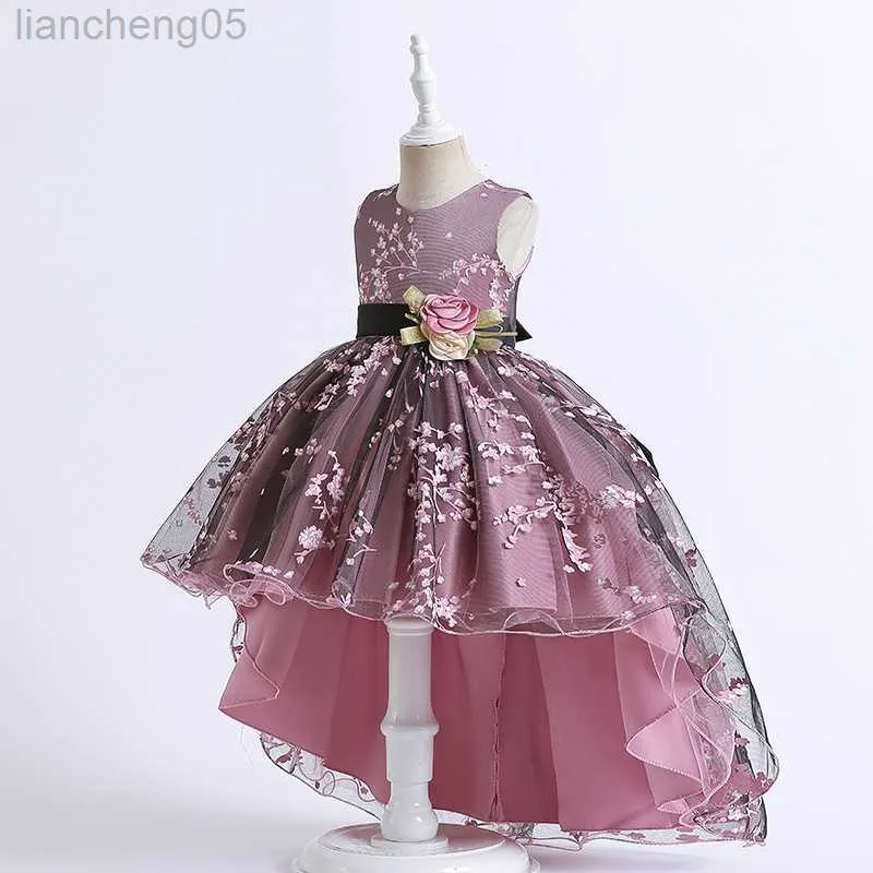 Girl's Dresses Kids Short Front And Long Back Dress With Flower European And American Princess Party Evening Frocks Girl Performance Tail Cloth W0221