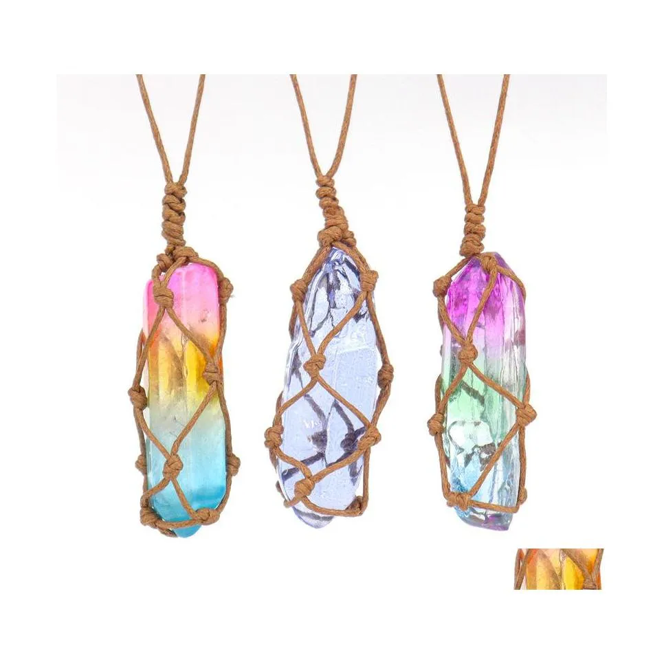 Pendentif Colliers Guérison Cristal Colonne Teint Pierre Naturelle Pilier Armure Net Sac Charmes Vert Rose Corde Chaîne Mjfashion Drop Deliver Dhwri