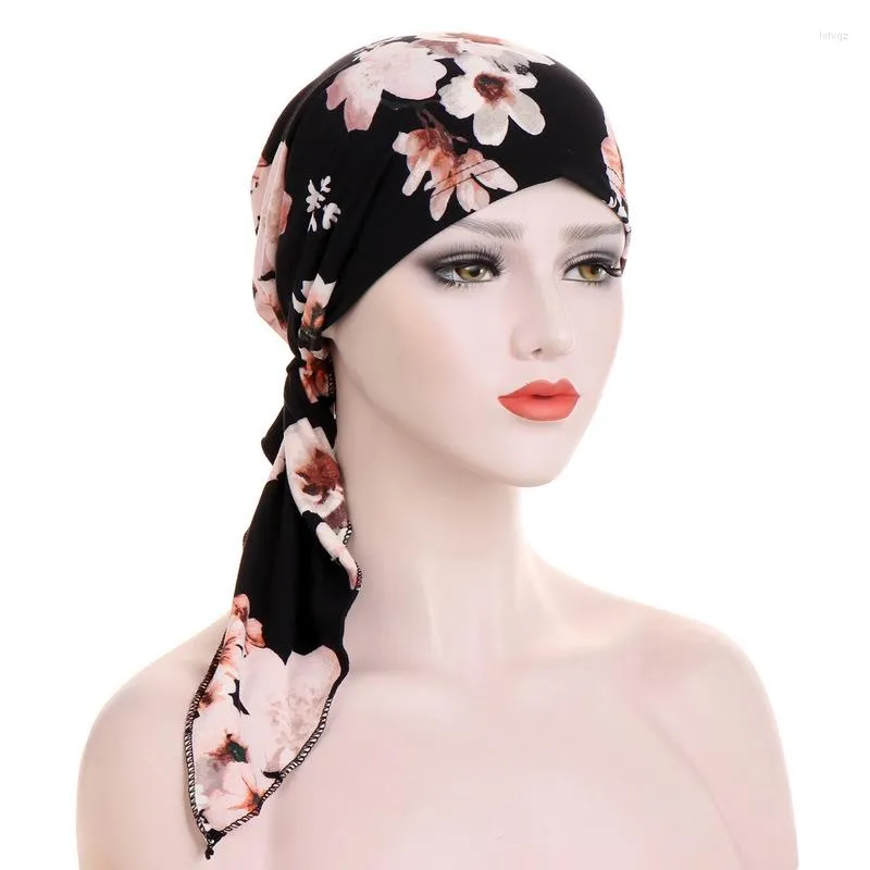 Cykelmössor Floral Turban Hat Hijab Muslimsk kemo Cap Kvinnor Wrap Hair Loss Head Scarf Stretch Stretch