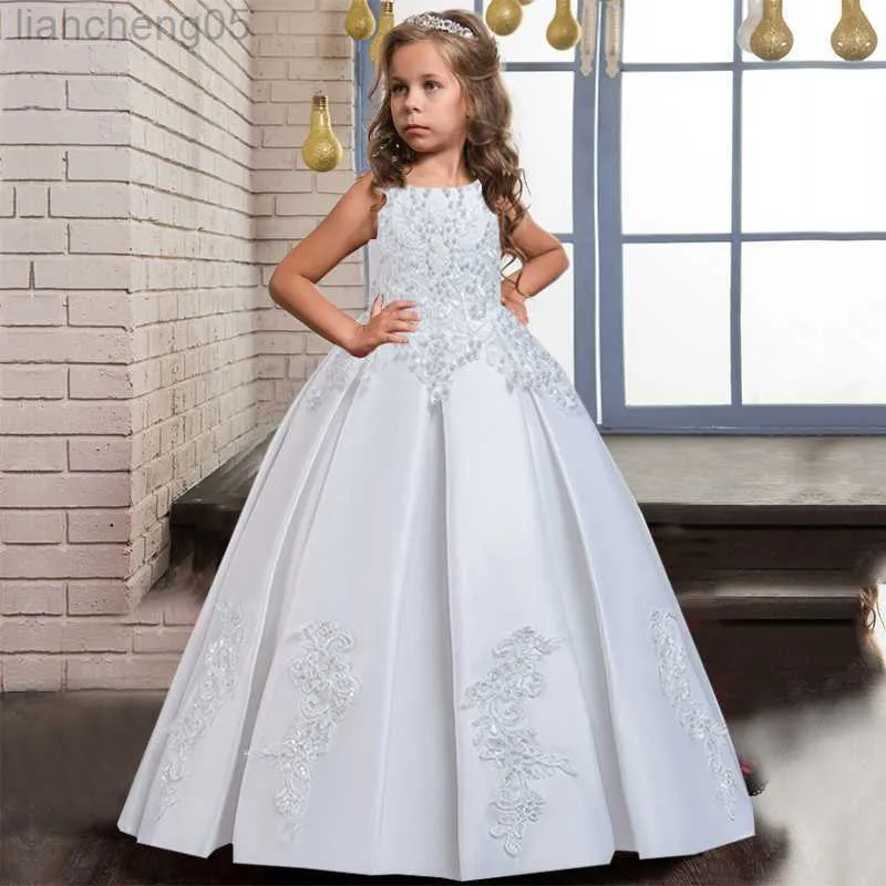 Occasioni speciali Bianco lungo damigella d'onore Abbigliamento per bambini Ragazze Abito con paillettes Abiti da sera per matrimoni Abiti da principessa per bambini 10 12 13 anni W0221