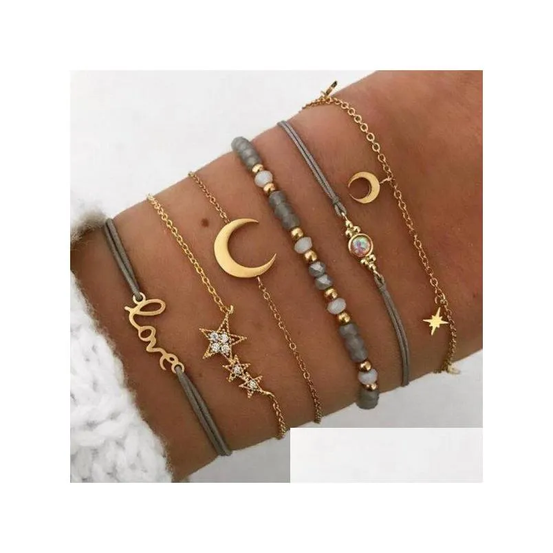 Braccialetti con ciondoli Cr Bracciale in lega di gioielli Hollow Double Love Pentagram Moon Fili di diamanti in pietra naturale Set Produttori all'ingrosso Dhuc3