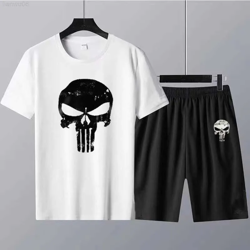 Men's T-Shirts Summer Men TShirt Sets 100 Cotton 2 Piece Set Skull Skeleton Print Tracksuit Women T Shirt and Shorts Suit Free Shipping Z0221