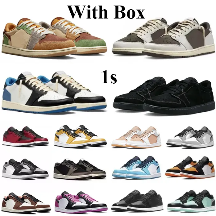 Box Low 1 Basketball Shoes Mens 1S Voodoo Boodoo 역 어두운 모카 검은 색 조각 흰색 황갈색 늑대 회색 남성 여성 트레이너 스포츠 운동화 크기 36-45