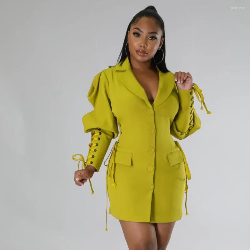 Robes décontractées Automne Streetwear Mini Robe Mode À Lacets Puff Manches Longues Bureau Dame Blazer Femme Chemise Jaune 2023