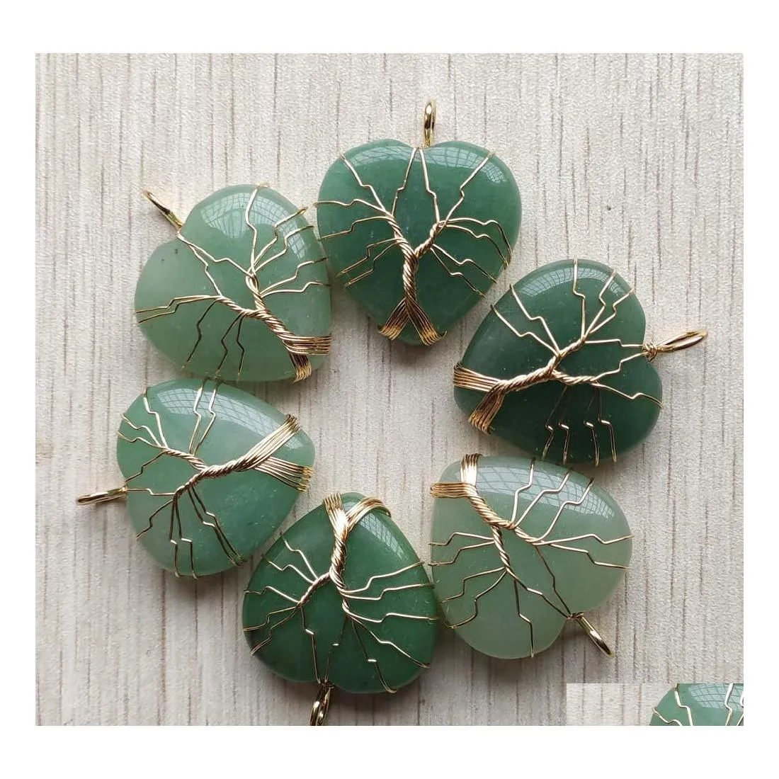 Charms Natural Green Aventurine Stone Tree of Life Gold Wire Wrapped Love Heart Pendants For Halsbandsmycken Markering MJFashion Drop Dhyxm