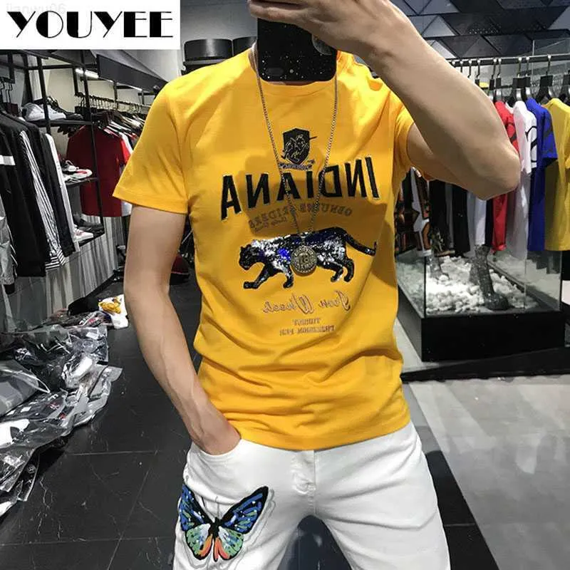 Men's T-Shirts Short sleeve Tshirt Men's Fashion Sequins Hot Drill 2021 Summer New One Piece Slim Leopard High Quality Handsome Homme Male Top Z0221