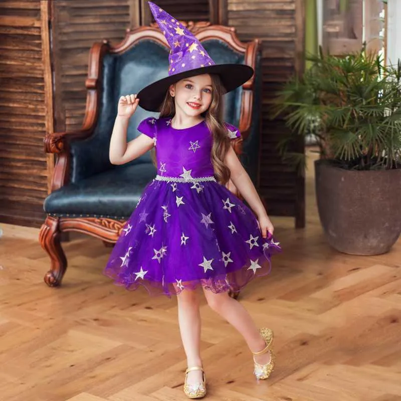 Abiti da ragazza Halloween Girls Performance Party Vieni abito da principessa gonfio con cappello a punta Abbigliamento da strega per mago cosplay per bambini