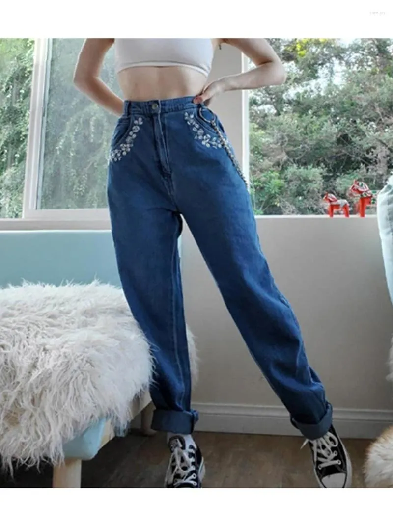 Kvinnors jeans charming trend kvinnor broderad chic 2023 mid-midjig ficka casual denim byxor rak tjejbyxor blå