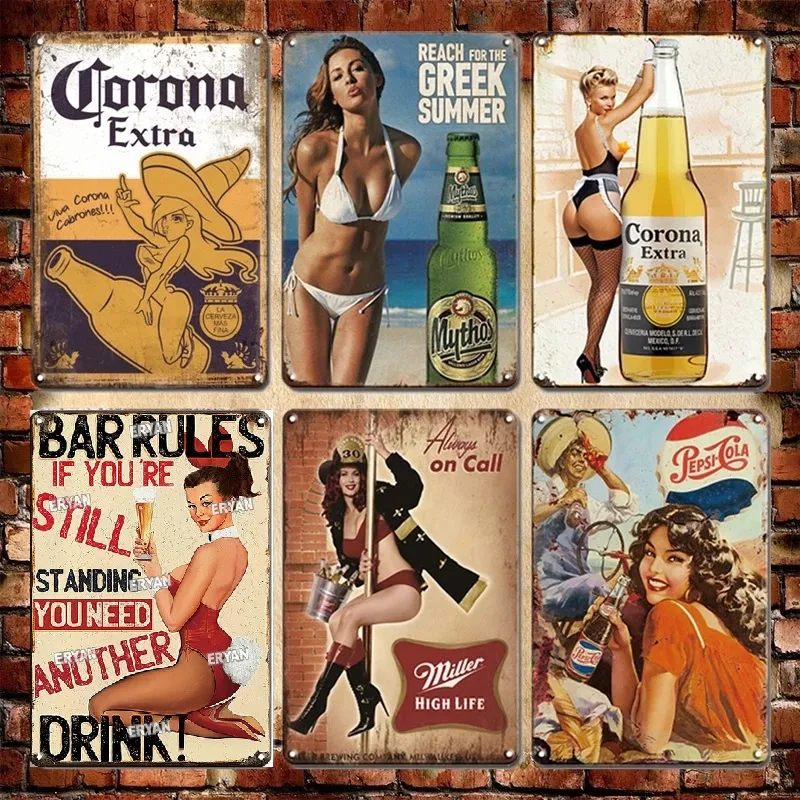België bier poster metalen plaat tinnen tekens vintage pin-up tin bord decoratieve plaque pub bar man cave club muur kunst decor accessoires sexy meisje schilderij maat 30x20cm w01