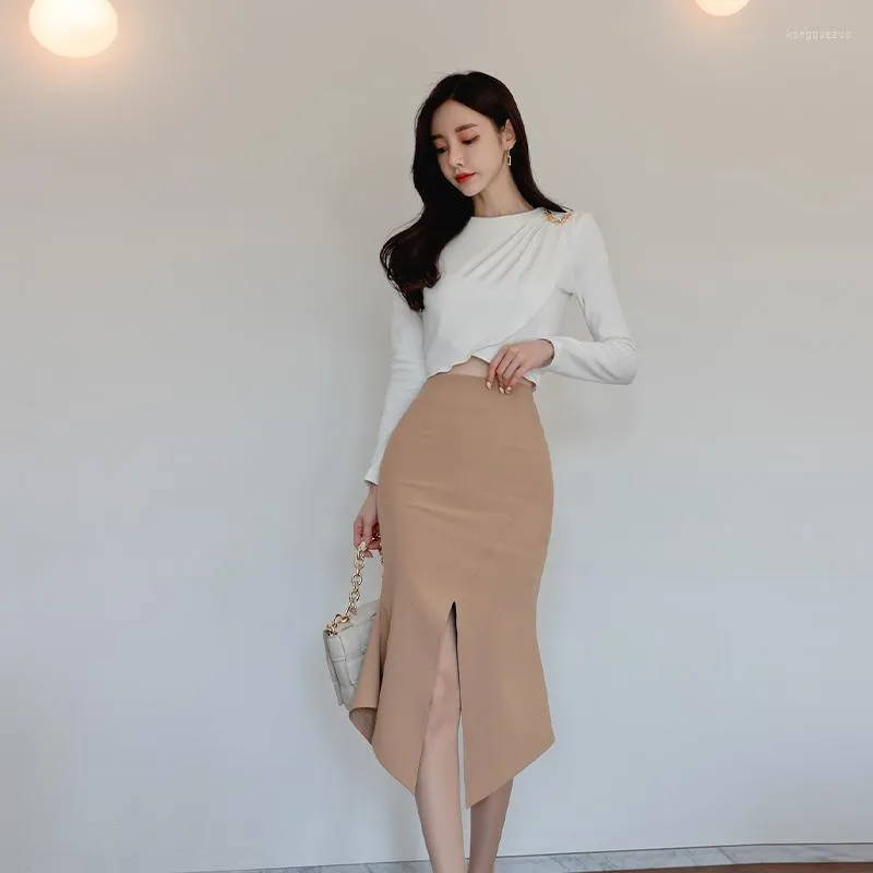 Work Dresses Women 's Outfits 2023 Spring Korean Style 고품질 치마 2 개 세트 흰색 달콤한 슬림 탑 바디콘 인어 소송