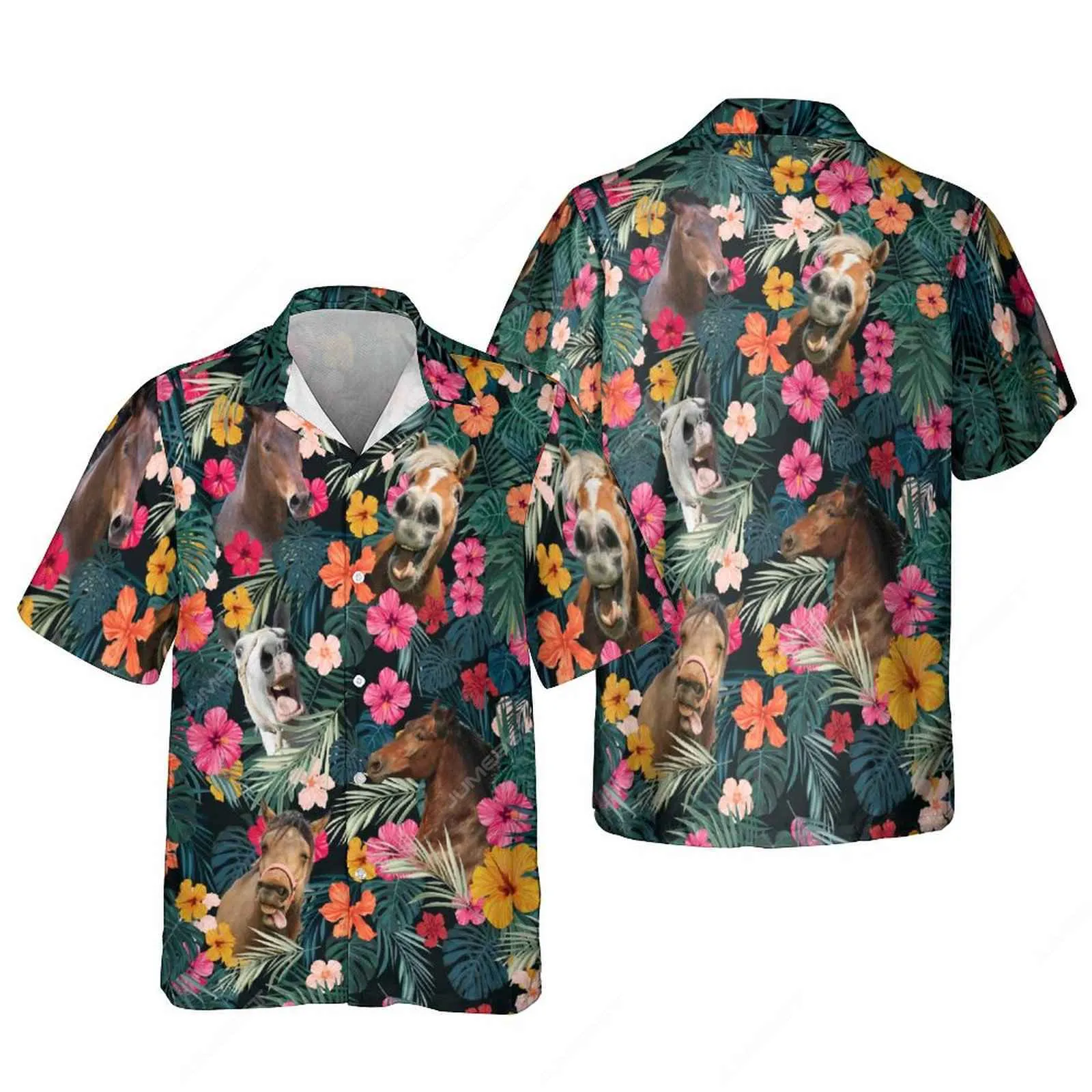 Casual shirts voor heren Jumeast Horse Palm Tree Leaf Men Bloem Dinosaur Hawaiian Beach Shirt Skull Blouses Rabbit grafische Gotische jeugdkleding 230221