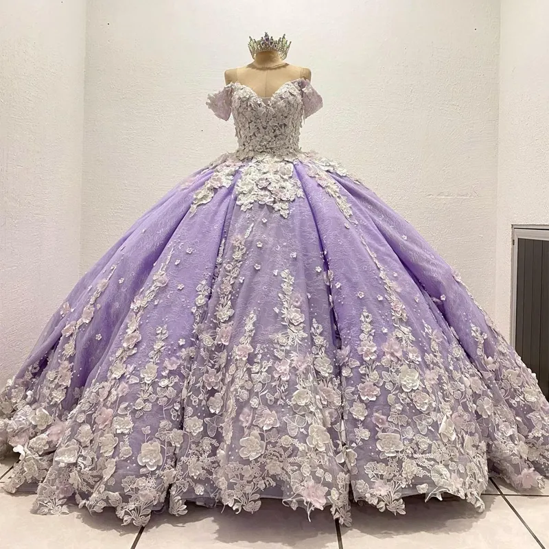 Feestjurken 14566iena Lavendel Lace 3d Flowers Quinceanera Prom Sweet 16 Princess Vestidos de 15 Plus Maat 230221