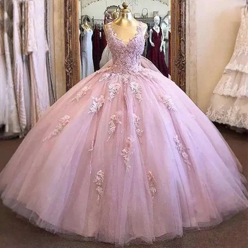 2023 Розовые платья Quinceanera Beadered кружевное аппликация без рукавов шерохой полы длина корсет спина сладкая 16 день рождения выпускной вечер вечер vestidos