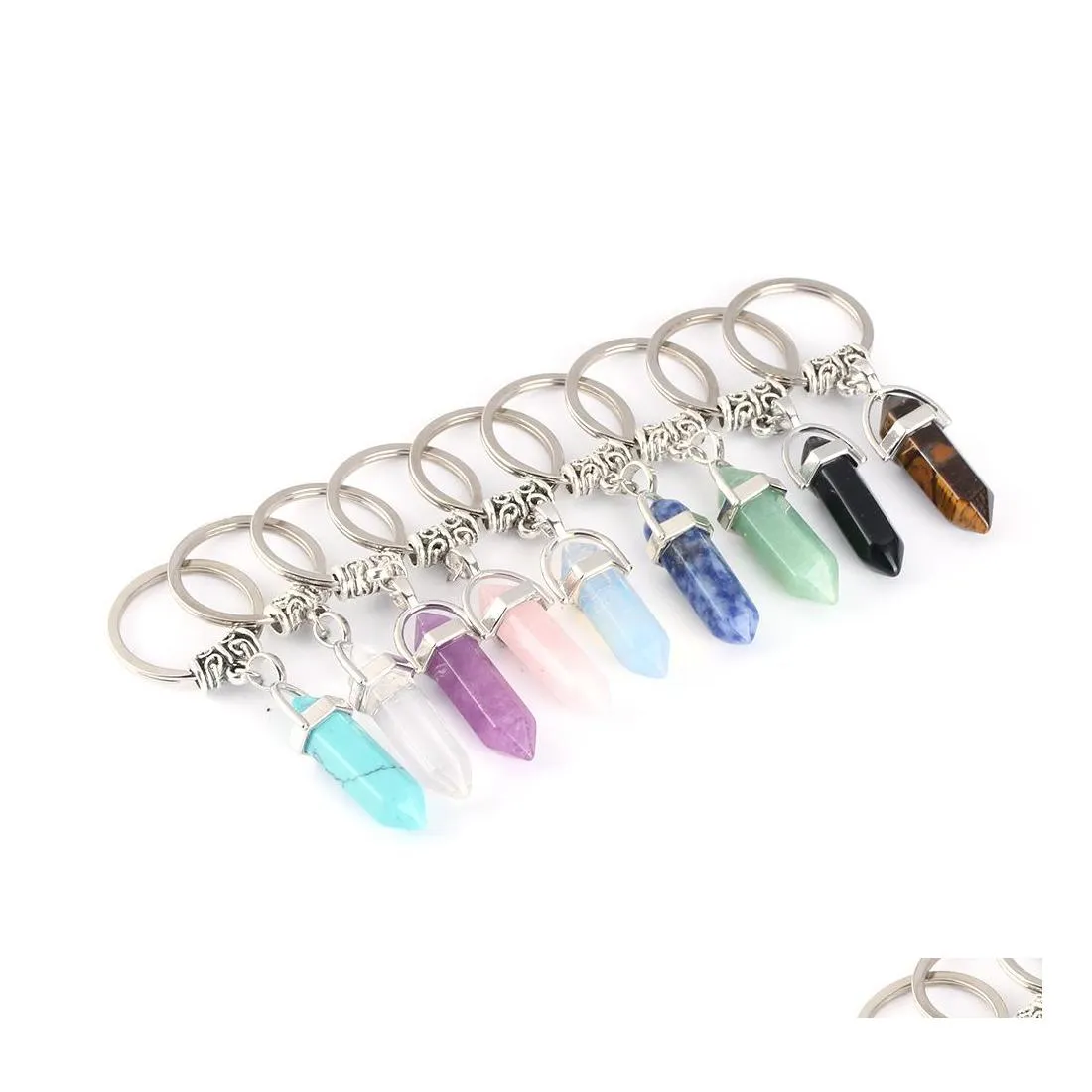 Key Rings Natural Stone Hexagonal Prism Keychains Sier Color Healing Pink Crystal Car Decor Keyholder For Women Men Drop levering Jood DHZ58