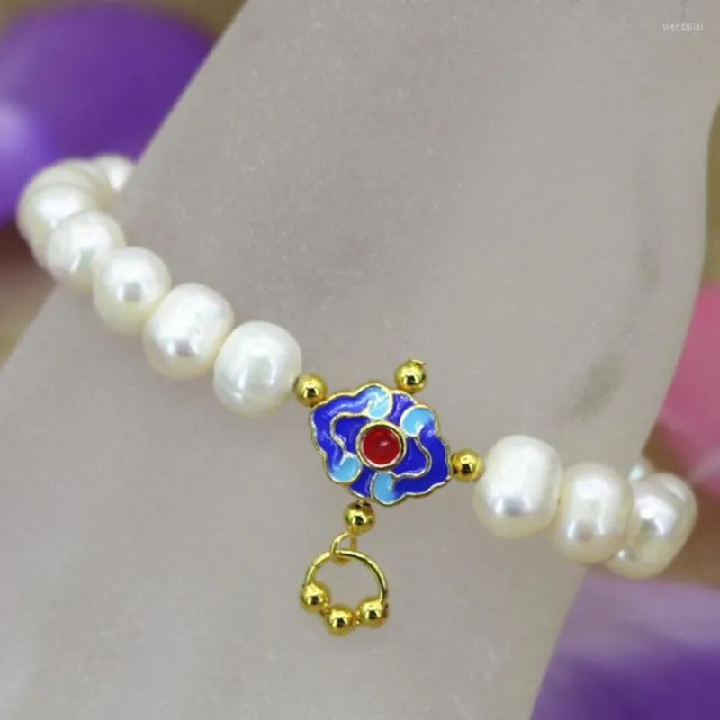 Brin Design Original blanc naturel perles de 9-10mm Bracelets bracelet couleur or cloisonné bijoux faits à la main 7.5 pouces B3097